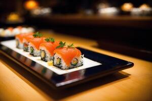 Japonais cuisine. Sushi et Rouleaux sur le table dans le restaurant. génératif ai photo