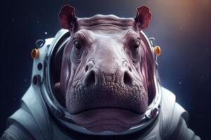 hippopotame dans scaphandre astronaute dans espace. génératif ai photo