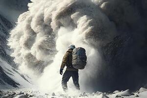 descente de un avalanche sur une grimpeur dans le montagnes. accident avec promeneur. ai génératif photo