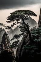 noir et blanc photo de une arbre sur Haut de une Montagne. génératif ai.