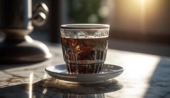 Matin café dans moderne tasse sur marbre table avec fleurs dans printemps saison et lumière du soleil, calme et se détendre café, relaxation temps, chaud boisson, avec génératif ai. photo