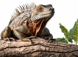 détaillé studio portrait de iguane sur une arbre bifurquer, isolé sur blanc arrière-plan, génératif ai photo