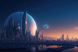 le futuriste ville de le futur sur le extraterrestre planète avec grattes ciels. génératif ai photo