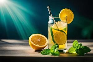 rafraîchissant fruité été boisson sur table avec citron et menthe photo