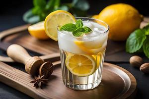 rafraîchissant fruité été boisson sur table avec citron et menthe photo