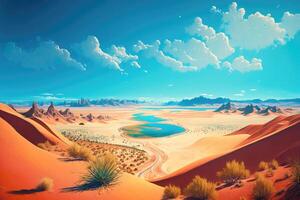 ai généré vaste désert paysage avec le sable dunes élongation comme loin comme le œil pouvez voir et une brillant bleu ciel aérien. photo