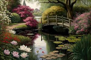 ai généré tranquille jardin scène avec une petit étang entouré par vibrant fleurs et une charmant passerelle couvrant le l'eau. photo