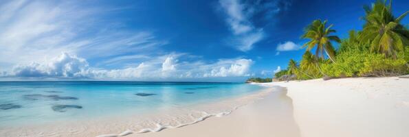 panorama tropical mer et sablonneux plage avec bleu ciel Contexte. génératif ai photo