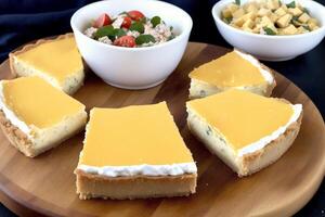 français cuisine. chalet fromage Tarte avec thym dans une blanc céramique cuisson plat.crémeux soupe. crémeux citrouille tarte. génératif ai photo