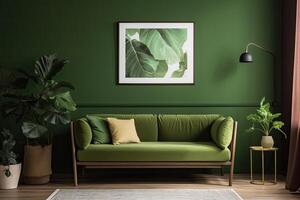 intérieur classique vie, rétro classique style, avec ample meuble, marron canapé avec une vert mur et une image Cadre. génératif ai. photo