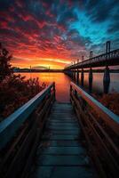 en bois planche passerelle de premier plan à une magnifique le coucher du soleil sur le lac. génératif ai. photo