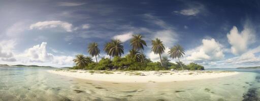 tropical paradis plage avec blanc le sable et coco paumes Voyage tourisme large panorama Contexte concept. génératif ai. photo