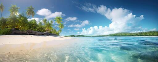 tropical paradis plage avec blanc le sable et coco paumes Voyage tourisme large panorama Contexte concept. génératif ai. photo