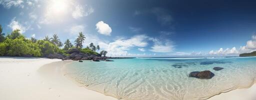 tropical paradis plage avec blanc le sable et coco paumes Voyage tourisme large panorama Contexte concept. génératif ai. photo