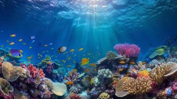 sous-marin corail récif paysage super large bannière Contexte dans Profond bleu océan. illustration ai génératif photo