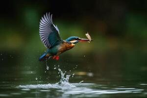 une coloré martin-pêcheur dans vol contagieux une poisson de une Lac établi avec génératif ai technologie. photo