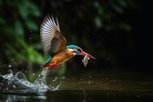 une coloré martin-pêcheur dans vol contagieux une poisson de une Lac établi avec génératif ai technologie. photo