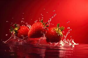 une groupe de des fraises éclabousser dans fraise jus. ai généré photo