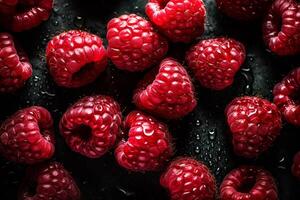 Frais rouge framboises sont couvert avec l'eau gouttelettes. framboise Contexte. génératif ai photo