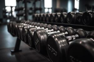 Lignes de haltères dans le Gym proche en haut de moderne haltères équipement dans le sport salle de sport, Gym équipement concept. génératif ai photo