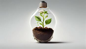 lumière ampoule avec germer à l'intérieur isolé dans blanc Contexte petit plante croissance à l'intérieur une ampoule génératif ai photo