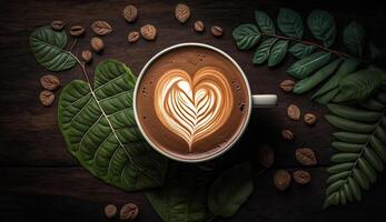 café latté avec crémeux et mousse dans tasse et latté art forme sur foncé en bois tableau, avec café des haricots décoration, calme et se détendre café, relaxation temps, chaud boisson, avec génératif ai. photo