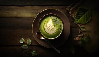 matcha vert thé avec latté art mousse dans tasse avec poudre sur foncé en bois tableau, latté art, chaud vert thé, lait, soja lait, Matin traditionnel boisson avec génératif ai. photo