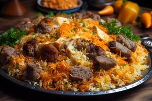 ai généré plov nationale Ouzbékistan nourriture sur le table de restaurant photo