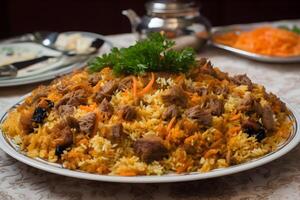 ai généré plov nationale Ouzbékistan nourriture sur le table de restaurant photo