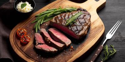 le steak avec Ingrédients sur le bois assiette avec ai généré. photo