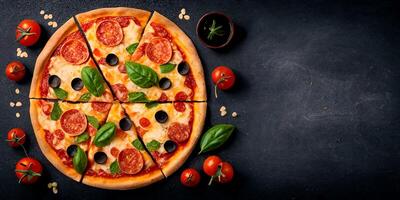 le Haut vue Pizza sur le noir table avec Ingrédients et ai généré. photo