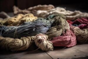 textile industrie. décoloré la laine les fibres sur table avec fils. ai généré photo