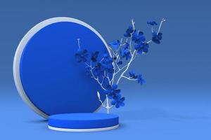3d bleu rond podium avec fleur composition de abstrait plante. piédestal pour soin de la peau produit sur pastel Contexte. bannière pour l'image de marque et emballage présentation photo
