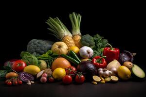 en bonne santé nourriture, légumes, des fruits. photo le réalisme établi avec ai outils