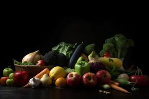 en bonne santé nourriture, légumes, des fruits. photo le réalisme établi avec ai outils