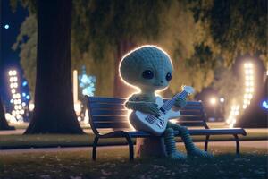 un extraterrestre est séance sur une banc en jouant une guitare. génératif ai. photo