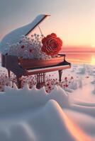 piano séance sur Haut de une neige couvert plage. génératif ai. photo