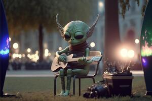 un extraterrestre séance sur une chaise en jouant une guitare. génératif ai. photo