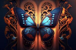 une bleu papillon séance sur Haut de une en bois porte. génératif ai. photo