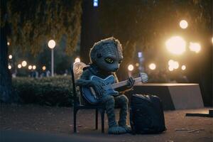 nounours ours séance sur une chaise avec une guitare. génératif ai. photo