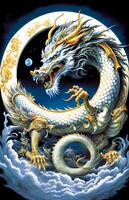 La peinture de une dragon avec une plein lune dans le Contexte. génératif ai. photo