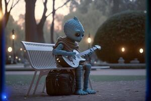 la personne séance sur une banc avec une guitare. génératif ai. photo