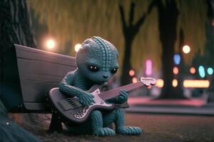 jouet extraterrestre en jouant une guitare sur une parc banc. génératif ai. photo