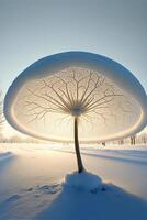 blanc parapluie séance sur Haut de une neige couvert champ. génératif ai. photo