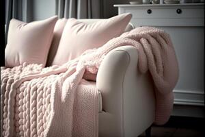 rose couverture séance sur Haut de une blanc chaise. génératif ai. photo