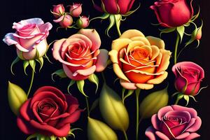 3d illustration de rouge et Jaune Rose fleurs plus de foncé bleu Contexte. ai généré photo