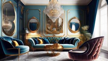 luxe classique intérieur avec bleu canapé, les fauteuils et miroir. 3d rendre. ai généré photo