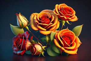 3d illustration de rouge et Jaune Rose fleurs plus de foncé bleu Contexte. ai généré photo