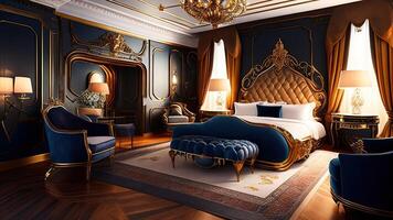 luxe chambre dans classique style. 3d rendre illustration. ai généré photo