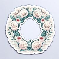 rond Cadre avec blanc des roses et vert feuilles, main tiré vecteur illustration. ai généré photo